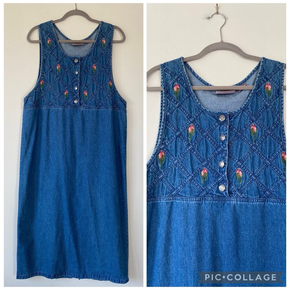 VTG Denim Jumper Dress 90s Cottagecore Premier International XL Embroidery Maxi